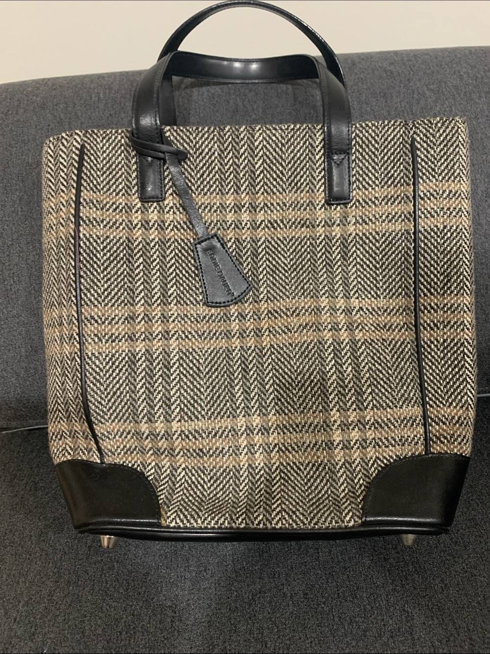 Eddie Bauer Plaid Herringbone Tote with Black Leather Trim